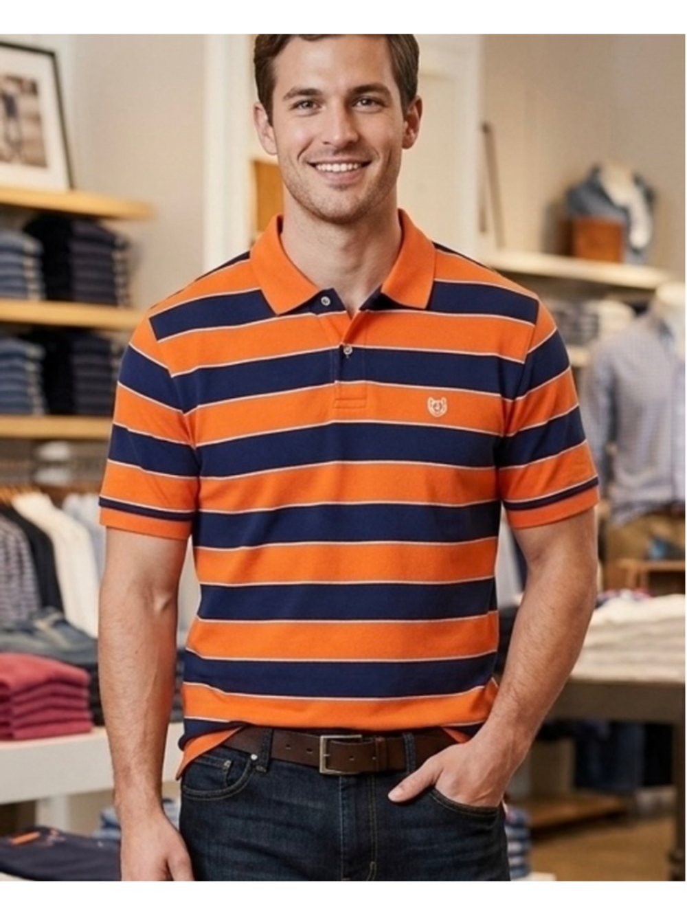 Chaps Mens Orange Navy Blue Striped Short Sleeve Polo Shirt Classic Golf XL 2048